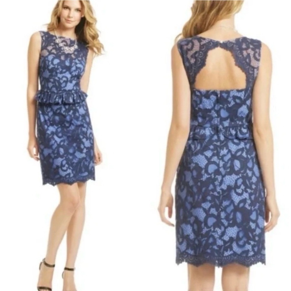 Lilly Pulitzer Kiri Blue Navy Lace Peplum Backless Dress EUC sz 6 Wedding Guest